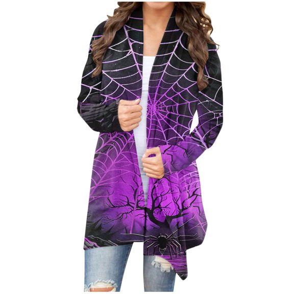 yardsong Women Halloween Cardigan Long Sleeve Open Front Spider Web Print Cardigans Fall Lightweight Min Length Shawl Collar Coat 2025 Purple,XXL