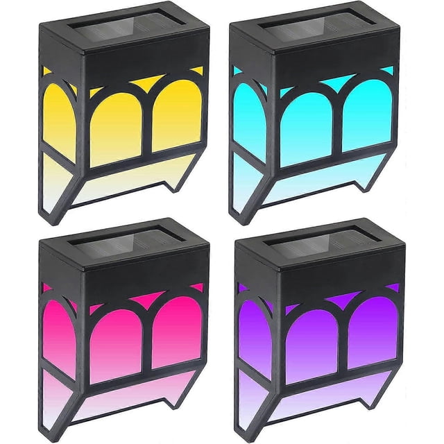 4 Pack Outdoor Solar Fence Lights, Solar Led Wall Lights, Waterproof 2 Modes, Warm White and Color Changing for Post, Deck, Step, Stair, Driveway and