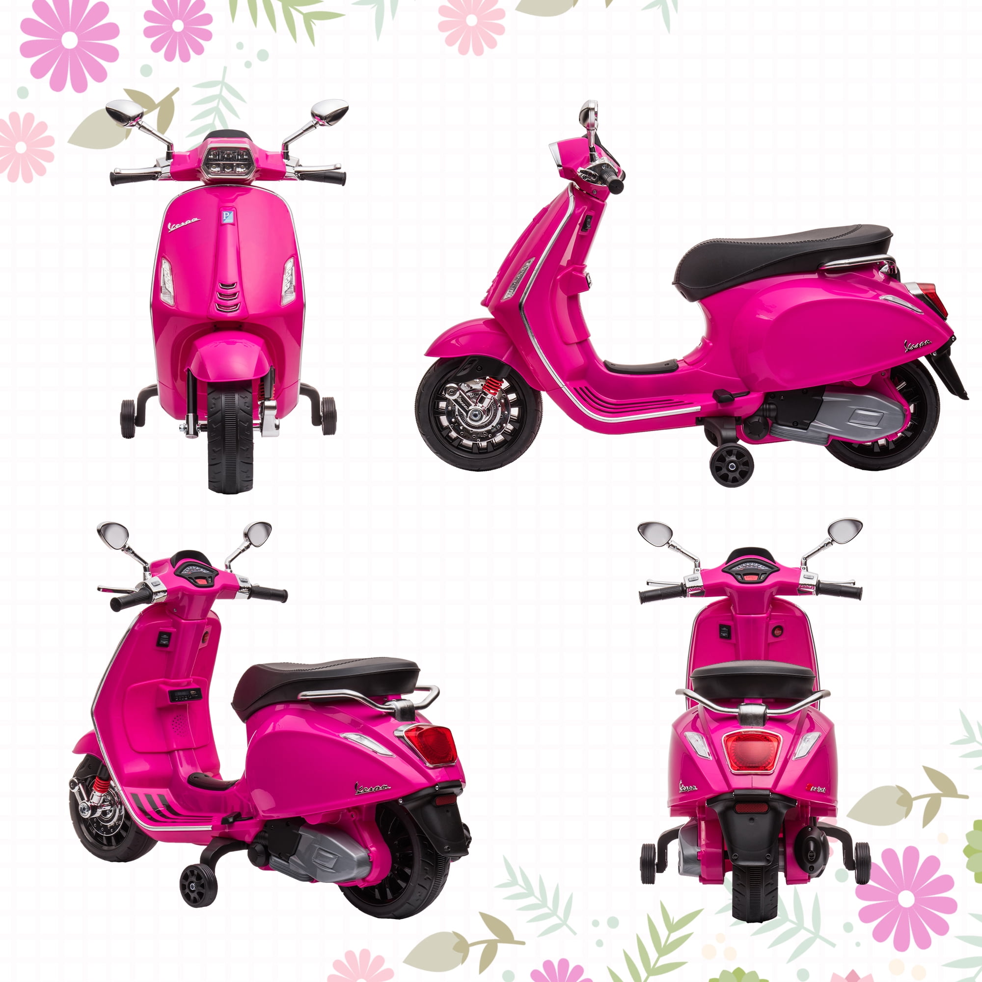 Qaba Vespa Licensed Electric Motorcycle for Kids, 6V Toddler Motorcycle with Music, FM Radio, Headlight, Single Button Start, Pink