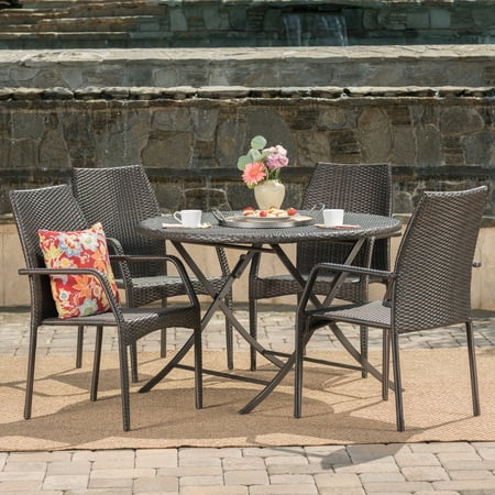 Asmara Outdoor 5 Piece Wicker Dining Set with Foldable Table and Stacking Chairs Multibrown