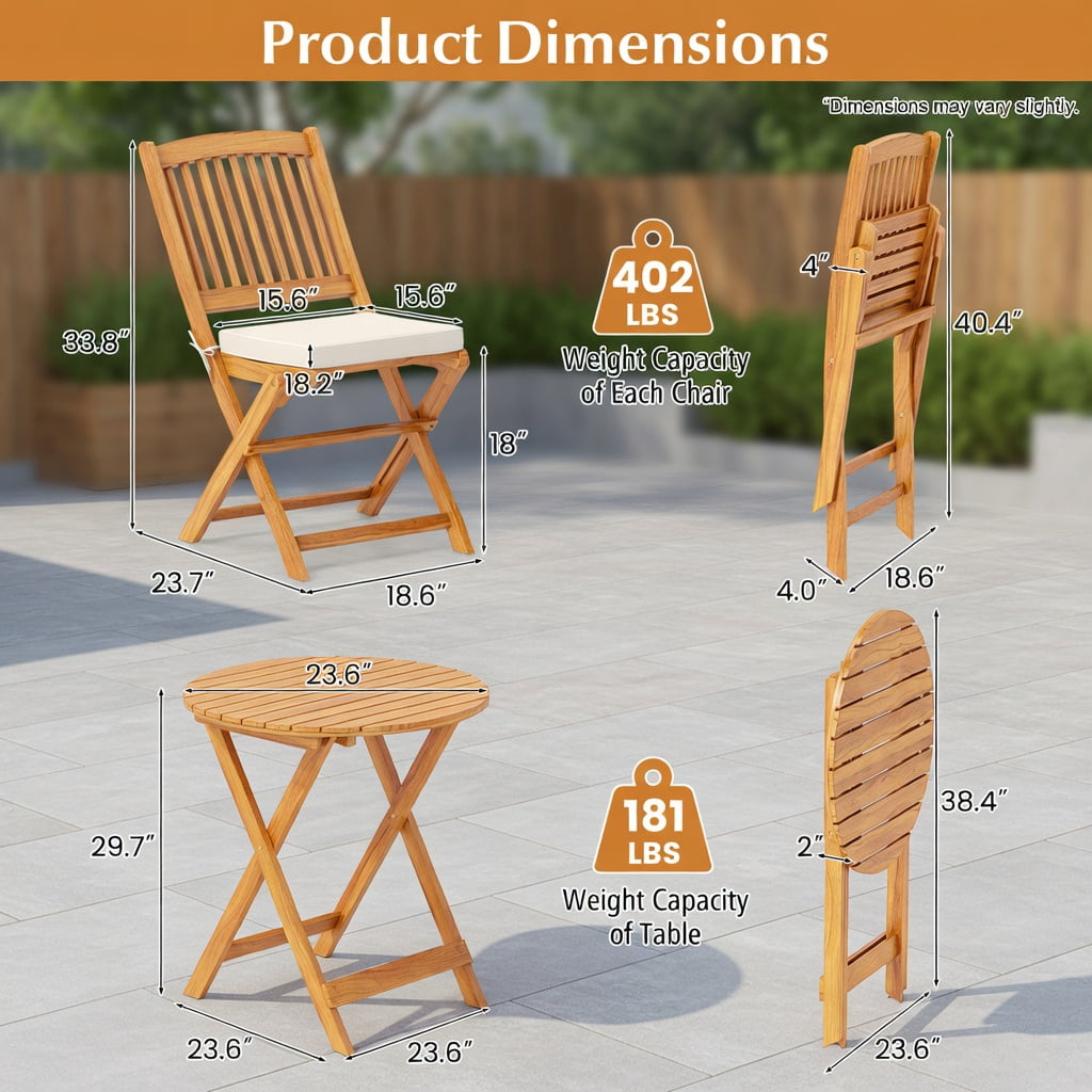 Hommoo 3-Piece Acacia Wood Folding Bistro Set with Removable Cushions, Outdoor Patio Chairs & Round Table for Balcony, Porch, Garden, Natural