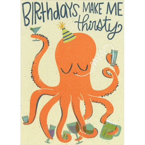 Designer Greetings Orange Octopus Drinking From Straw Funny / Humorous Birthday Card