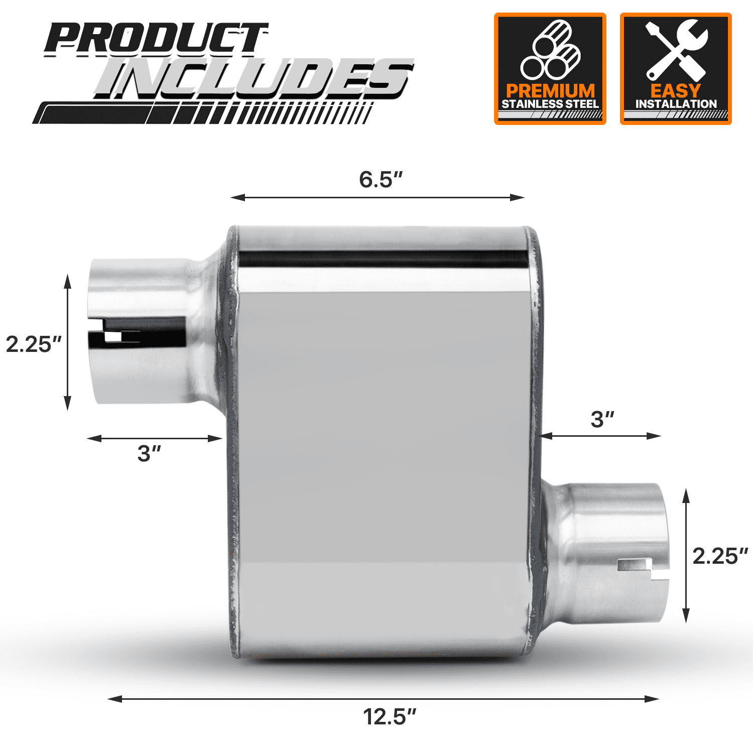 M-AUTO 2.25 Inch Inlet/Outlet 1Pair Chambered Exhaust Muffler Straight-Through Stainless Steel Round Tip,Chrome