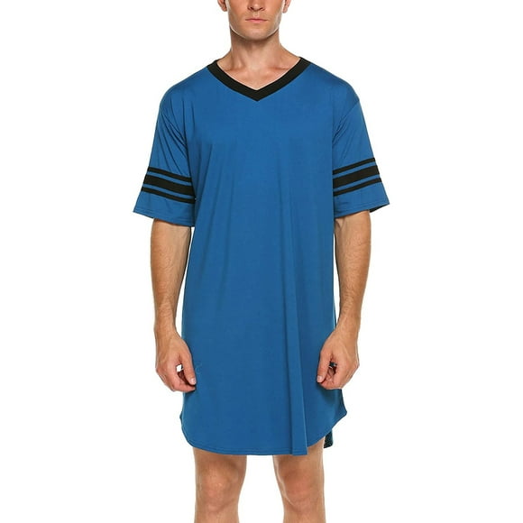 Men Cotton Nightshirt, Short Sleeve V-neck Soft Loose Nightwear, Blue/ Grey/ Black/ Red