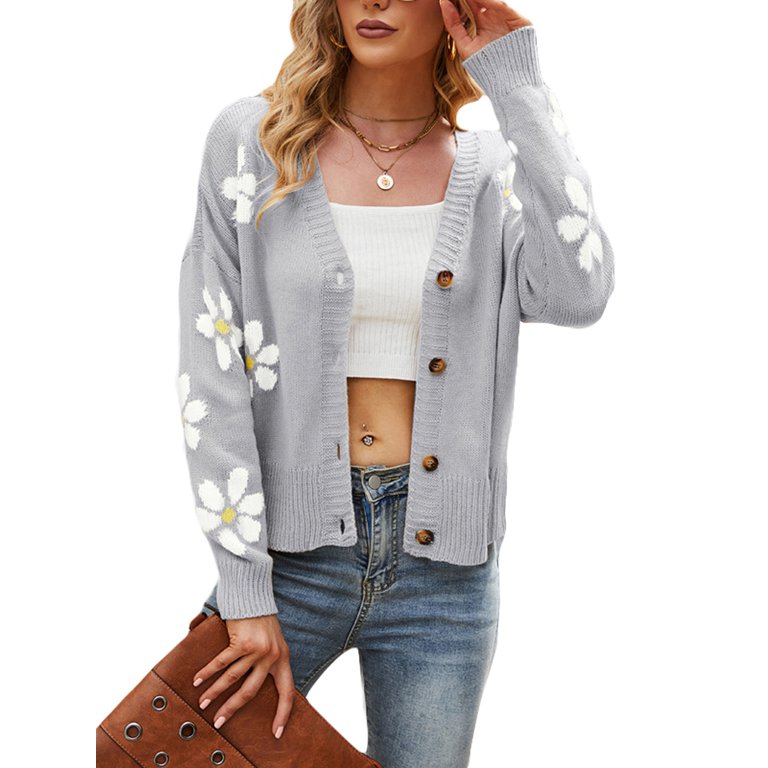Women Flower Pattern Button Down Knitted Sweater Long Sleeve V-Neck Soft  Knit Cardigan Coat