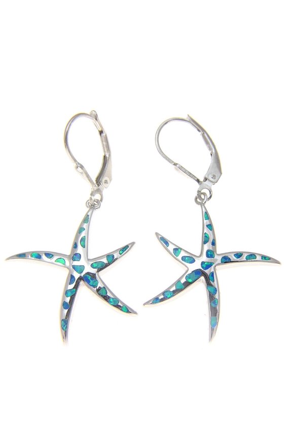 925 sterling silver Hawaiian starfish sea star blue synthetic opal leverback earrings