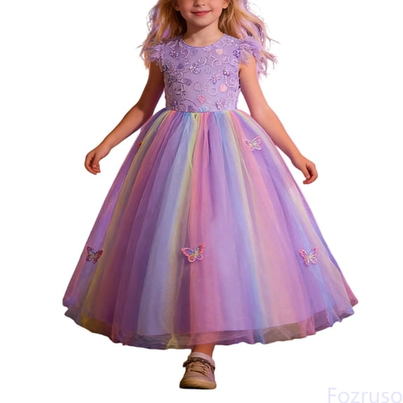 Fozruso Casual Floral Dresses Girls Dress Gown With Bow Party Pageant Tutu For Holiday Performance Sizes 7-8 Years