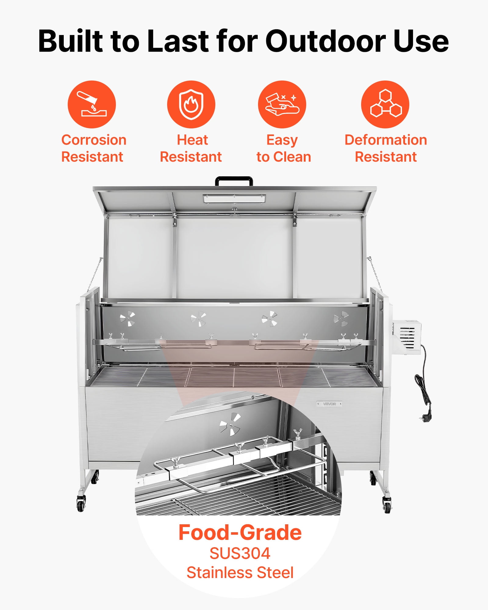 VEVOR Rotisserie Grill, 38W BBQ Outdoor Pig & Lamb Spit Roaster, Charcoal Spit Roaster with 132 LBS Capacity, Wheels & 4-Level Height,Stainless Steel Electric Rotisserie Grill Kit for Camping Outdoor