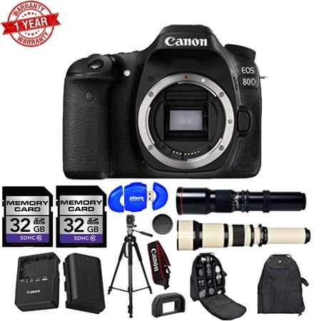 Canon EOS 80D 24.2MP Wi-Fi Full HD 1080P DSLR w/500mm Preset Telephoto Lens + 650-1300mm Wildlife Zoom Lens and Accessory Bundle (15 (Best Wildlife Lens For Canon)