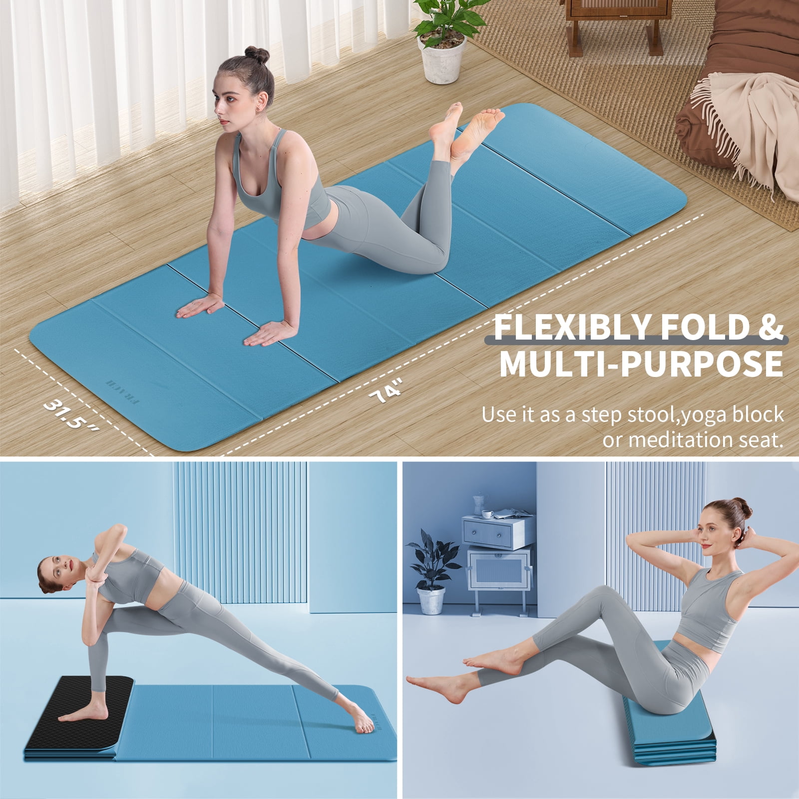 Frach Wide Foldable Yoga Mat - Extra Large 75"x32" Quick-Fold & Versatile Use Non-Slip TPE for Workout & Home Gym (Blue+Black)