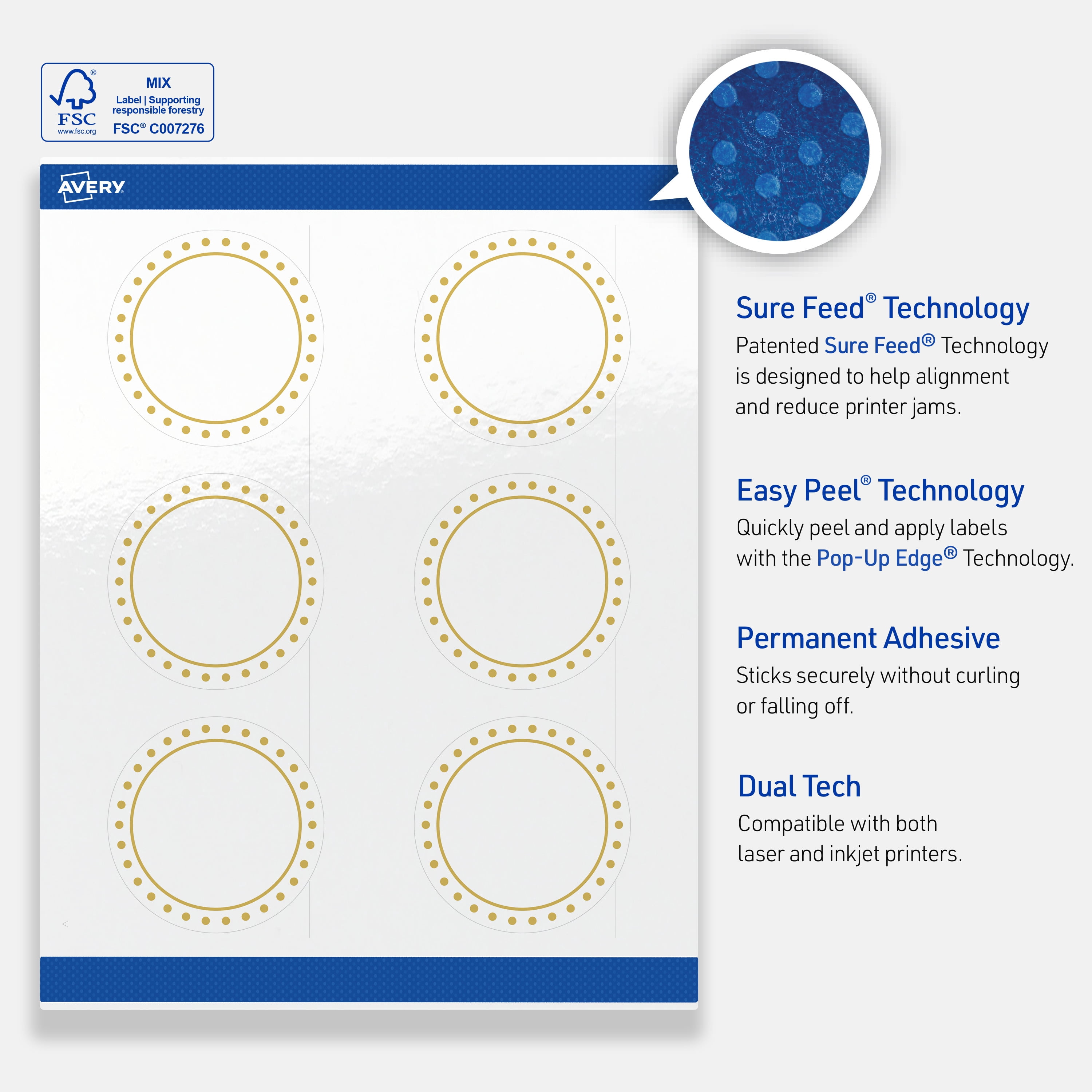 Avery 3" Diameter Labels, Gold Border with Gold Dots, 60 ct, Glossy, Gold Border with Gold Dots