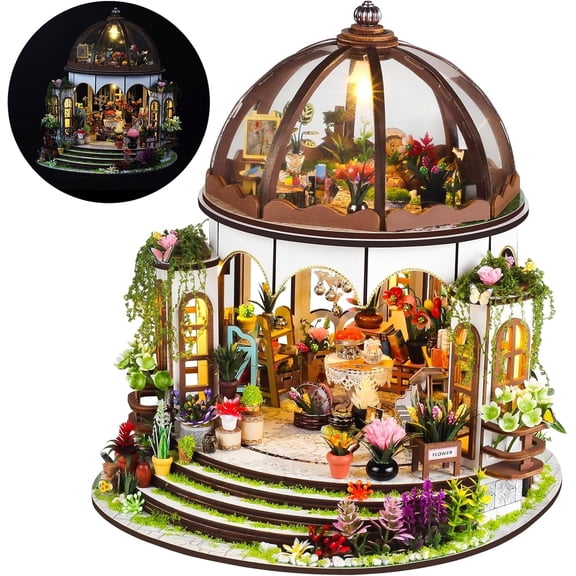 DIY Miniature House Kit, Wooden Garden Mini House with Furniture & LED Light, Creative Dollhouse Kit, Model Building Kit for Adults