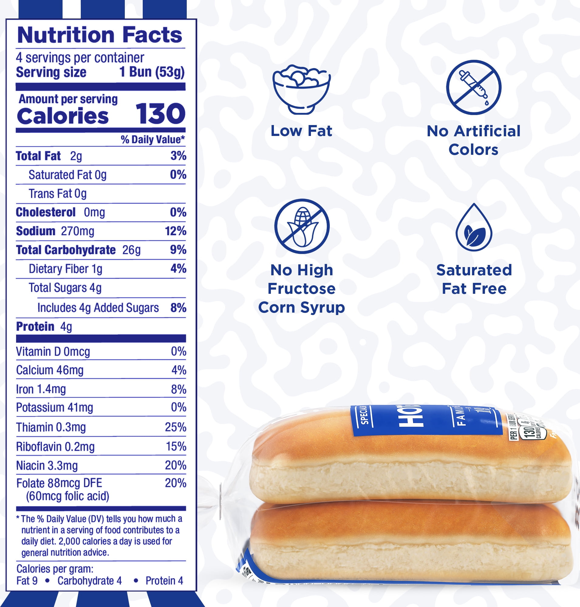 Lewis Bake Shop White Half Pack Hot Dog Buns, 7.5 oz, 4 Count