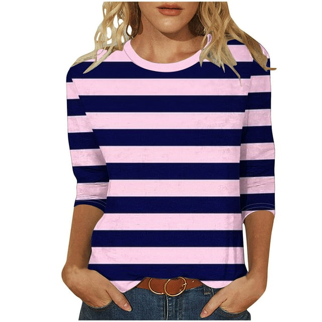 aidice 3/4 Length Sleeve Womens Tops Plus Size Casual Crewneck Striped Blouses Comfy Fitting Fall Tops