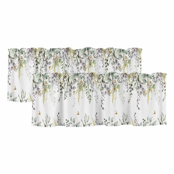 Eucalyptus Curtain Valances for Windows, Kitchen Valance Window Treatments Panel 2 Pack, Sage Green Botanical Weeping Leaf Rod Pocket Short Curtains for Bathroom Bedroom 42 x 12 Inch