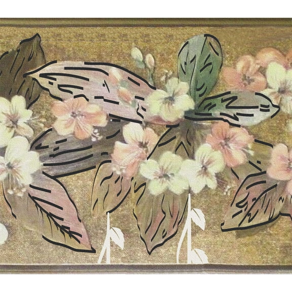 Dundee Deco Peel and Stick Self Adhesive Wallpaper Border - Floral Green, Pink, Gold Flowers, 15 ft x 7 in
