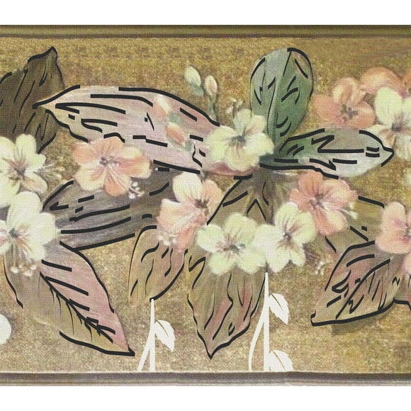 Dundee Deco's Peel and Stick Wallpaper Border - Floral Green, Beige, Pink, Gold Flowers, Leaves Wall Border Retro Design, 15 ft x 7 in (4.57m x 17.78cm), Self Adhesive