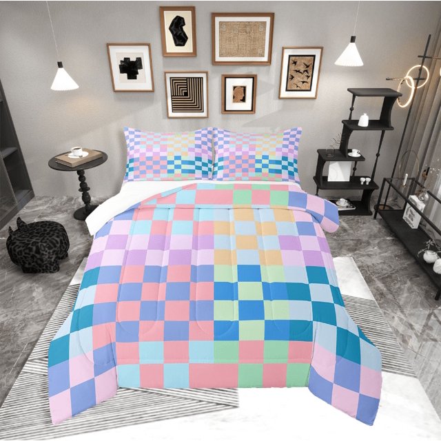Erosebridal Geometric Buffalo Comforter Sets Queen Size,Checkered Grid Bedding Queen Comforter Set,Plaid Room Decorative,Ultra Soft,3-Piece