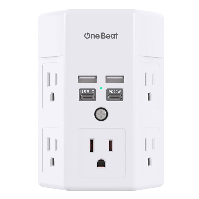 Protector contra sobretensiones One Beat de 5 salidas con 4 puertos USB de 20 W, color blanco