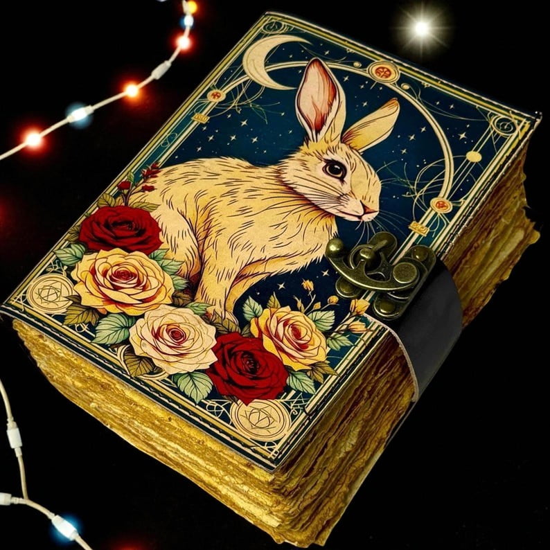 Handmade Leather Journal with Rabbit & Roses Artwork – 5x7 Inch Vintage Notebook, 200 Pages of Handmade Paper, Antique Latch – Writing, Sketching & Gift Diary
