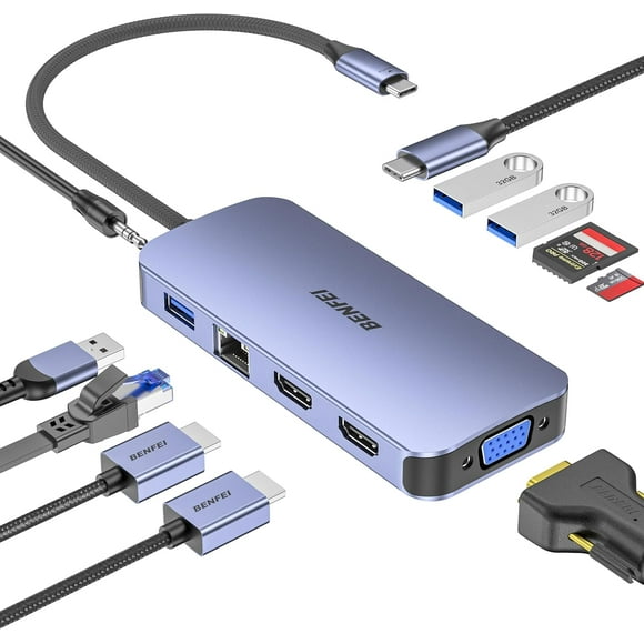 BENFEI Station d'Accueil Hub USB-C 11-en-1 à Triple Affichage Double HDMI, VGA, 3*USB 3.0, Ethernet 1Gbps, Alimentation 100W, Lecteur de Carte SD/TF, Audio Auxiliaire 3,5 mm Compatible avec Surface MacBook XPS