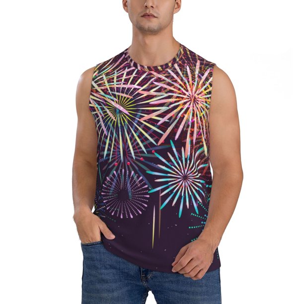 Fotbe Fireworks2 Men's Camiseta sin Mangas Estampada para Hombres, Playera Casual para Gimnasio, Entrenamiento, Playa-Large