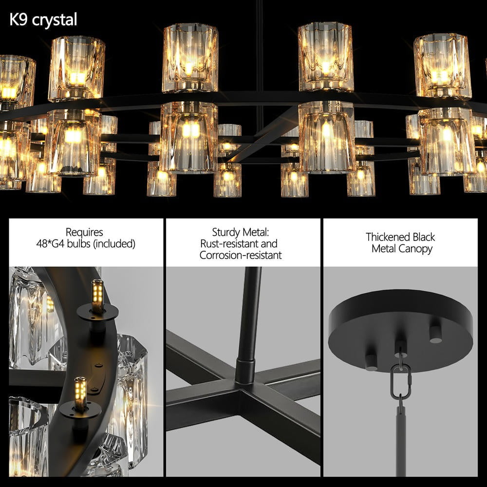 Keepoman 48inch Chandelier Ceiling Pendant Light Fixtures with Luxury Crystal and Decorative Lights Simple LED Lighting for Living Room, Dining Room, Home Decor, Black (Bulbs Included)