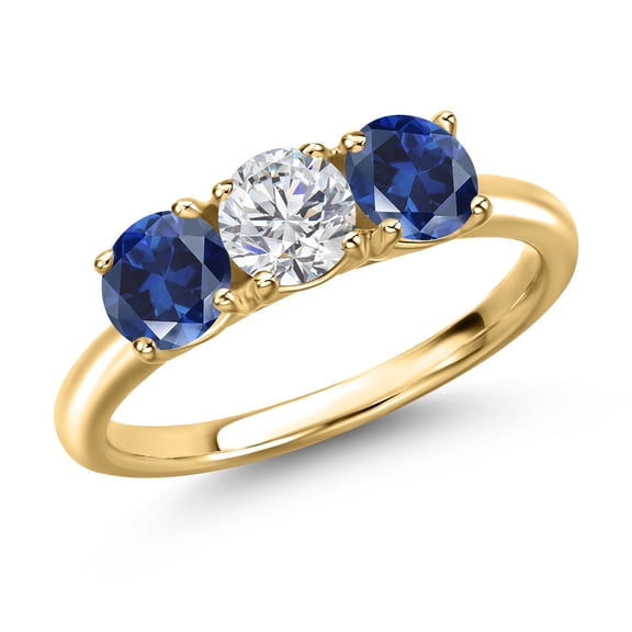 Gem Stone King 18K Yellow Gold Plated Silver Lab Grown Diamond and Blue Created Sapphire Engagement Ring for Women | 1.70 Cttw | Round 5MM | Gemstone April Birthstone | Size 5