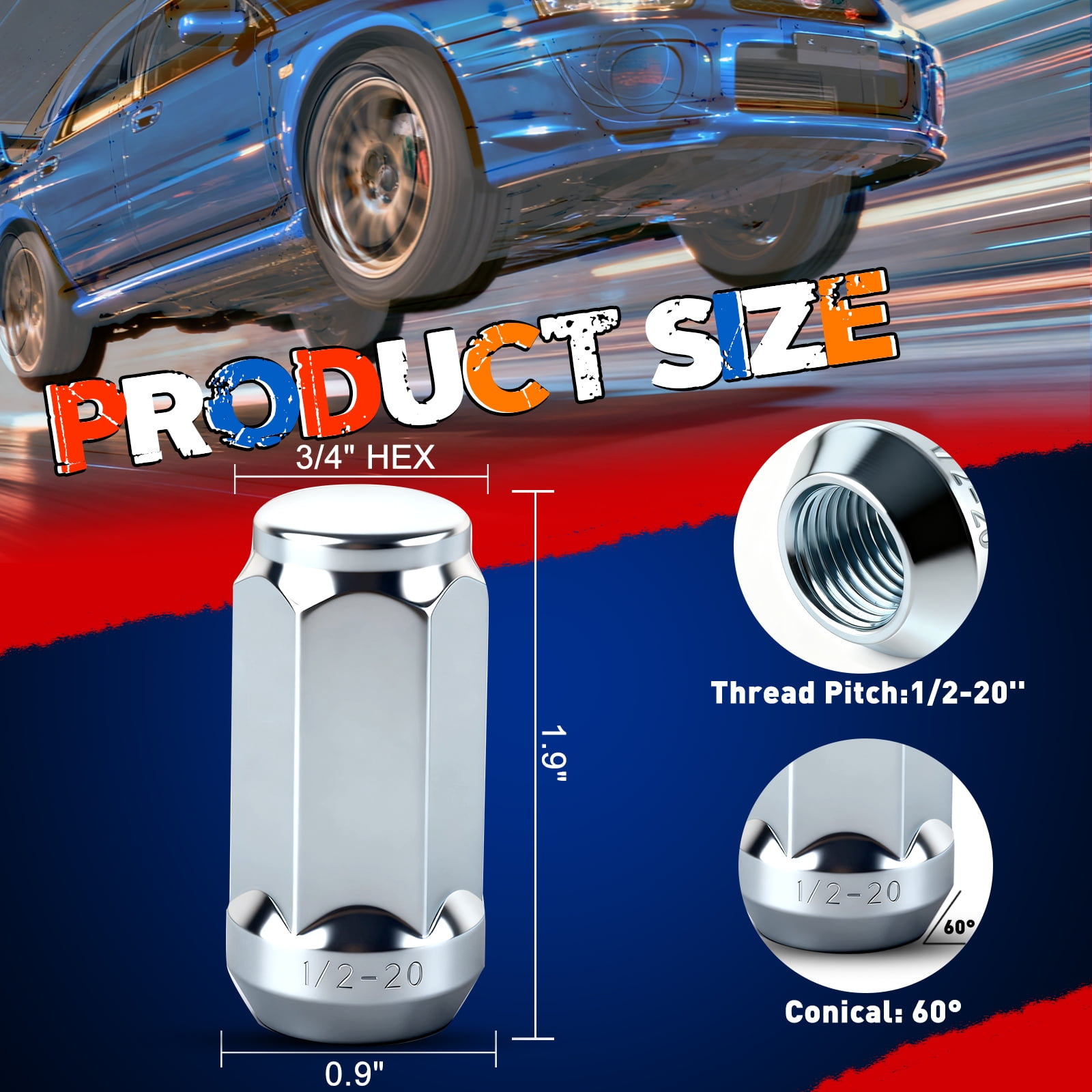 20pcs 1/2"-20 Closed End Lug Nuts with 4pcs Tire Valve Stem Caps, 3/4" 19mm Hex, 1.9"x0.87" Replacement for Bronco, F150, Explorer, Explorer Sport Trac, Mustang, Cherokee, Wrangler, Grand Cherokee