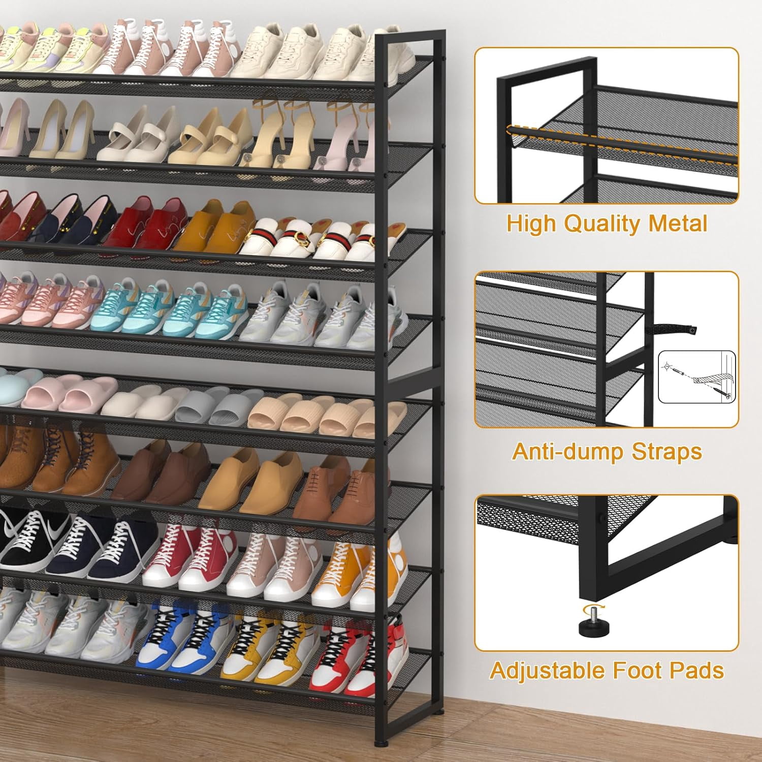 Large Shoe Rack, 8 Tiers Heavy Duty Metal Shoe Storage Rack for Closet Front Door Entrance, Up to 50 Pairs, Black