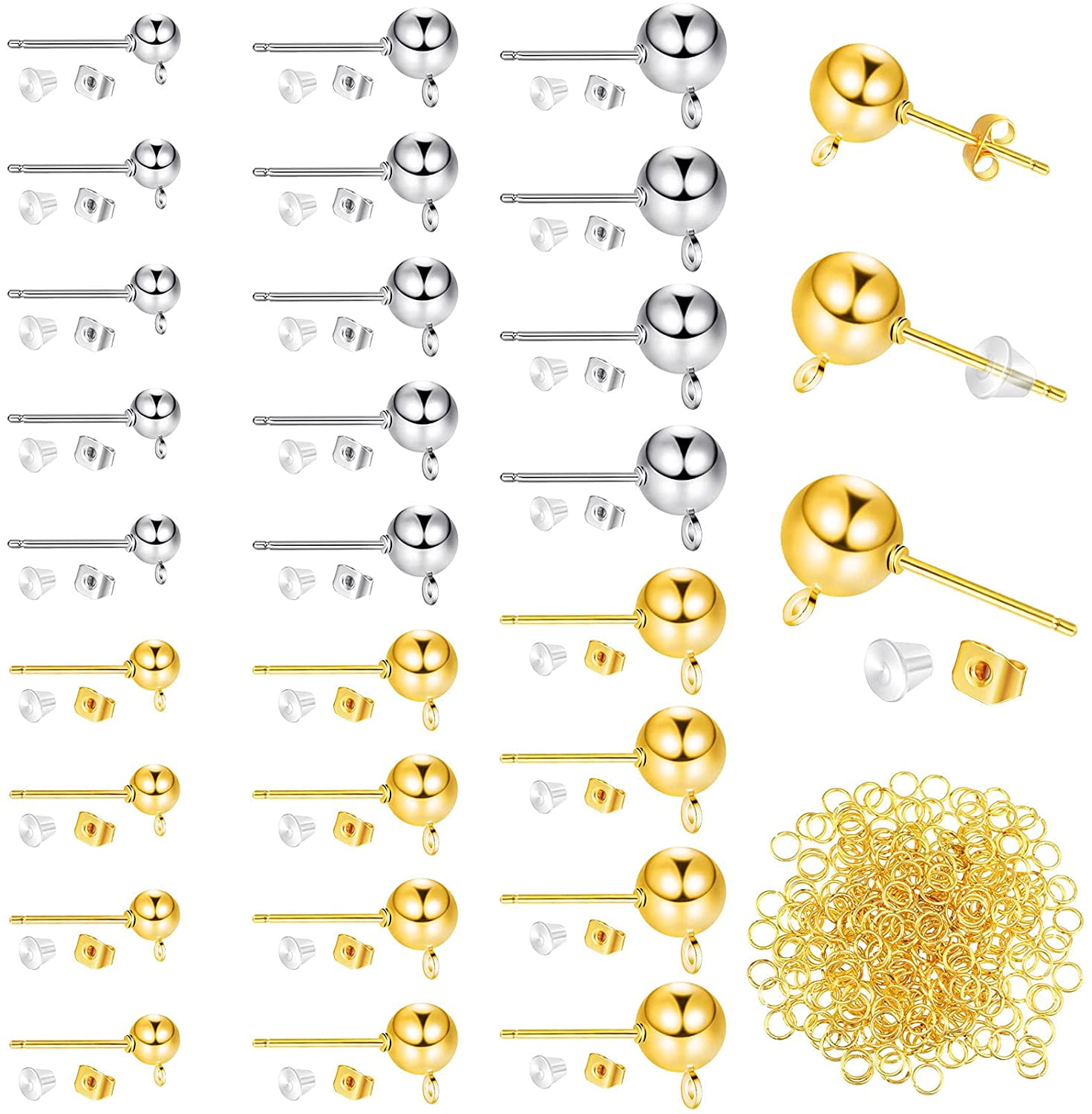 780 Pieces 3 Sizes Ball Post Earring Studs with Loop 4 mm 5 mm 6 mm Round Ball Earring Posts, Butterfly Earring Backs, Silicone Clear Earring Backs