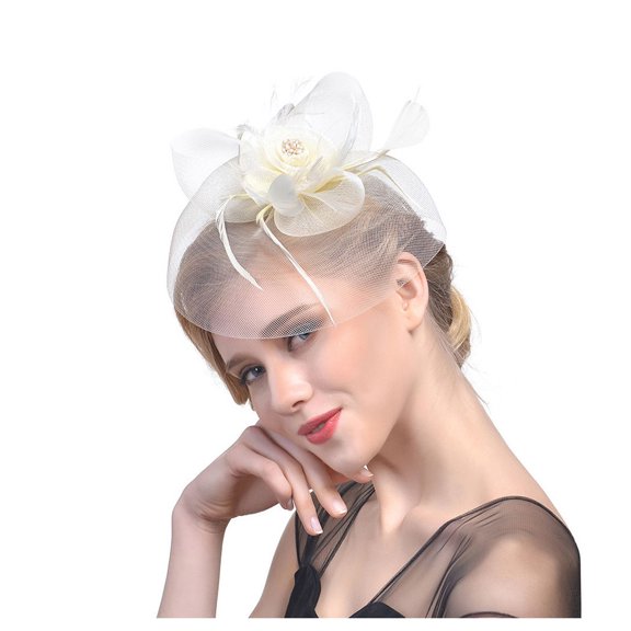 Flower Mesh Ribbons Feathers Headbands for Women Cocktail Tea Party Hat Headwear Boho Fashion Headband 1 PC Beige one size
