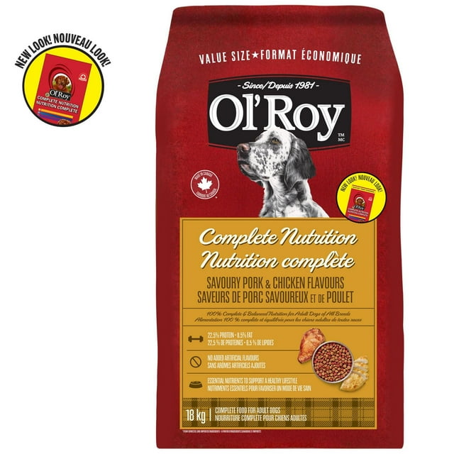 Ol'Roy Complete Nutrition Savoury Pork & Chicken Flavours Dry Dog Food 100% Complete & Balanced Nutrition for Adult Dogs of All Breeds 18KG