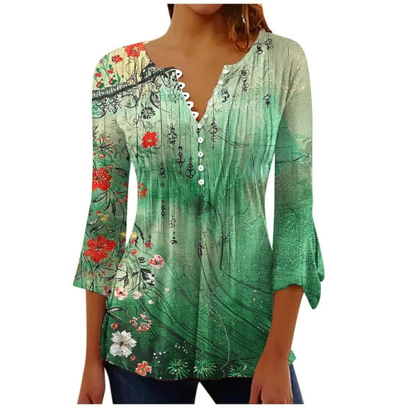 CYMMPU Women's Elegant Blouse Tunic Tops Floral Printed 3/4 Length Sleeve Business Work Blouses to Wear with Leggings Vintage V-Neck Summer Fall Swing Shirts 2025 Clothes Green M