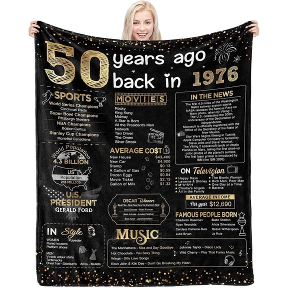 Custom Soft Blanket - 50th Birthday Decorations & Gifts for Men & Women - Gold - 60x50 Inch