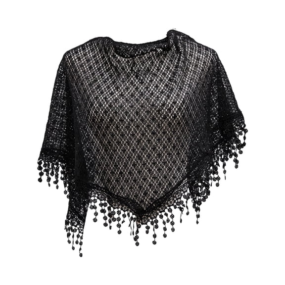 Lynono Crochet Openwork Shawl with Hand Tied Tassels Shoulder Wrap Decorative Scarf