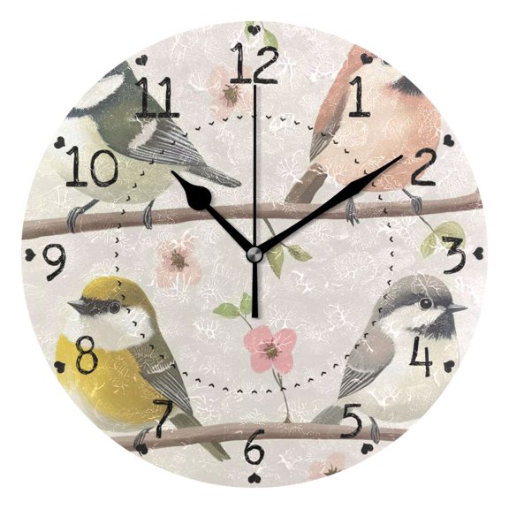 Cute Birds on Branch Round Wall Clock Silent Battery Operated Home Decor for Living Room Bedroom