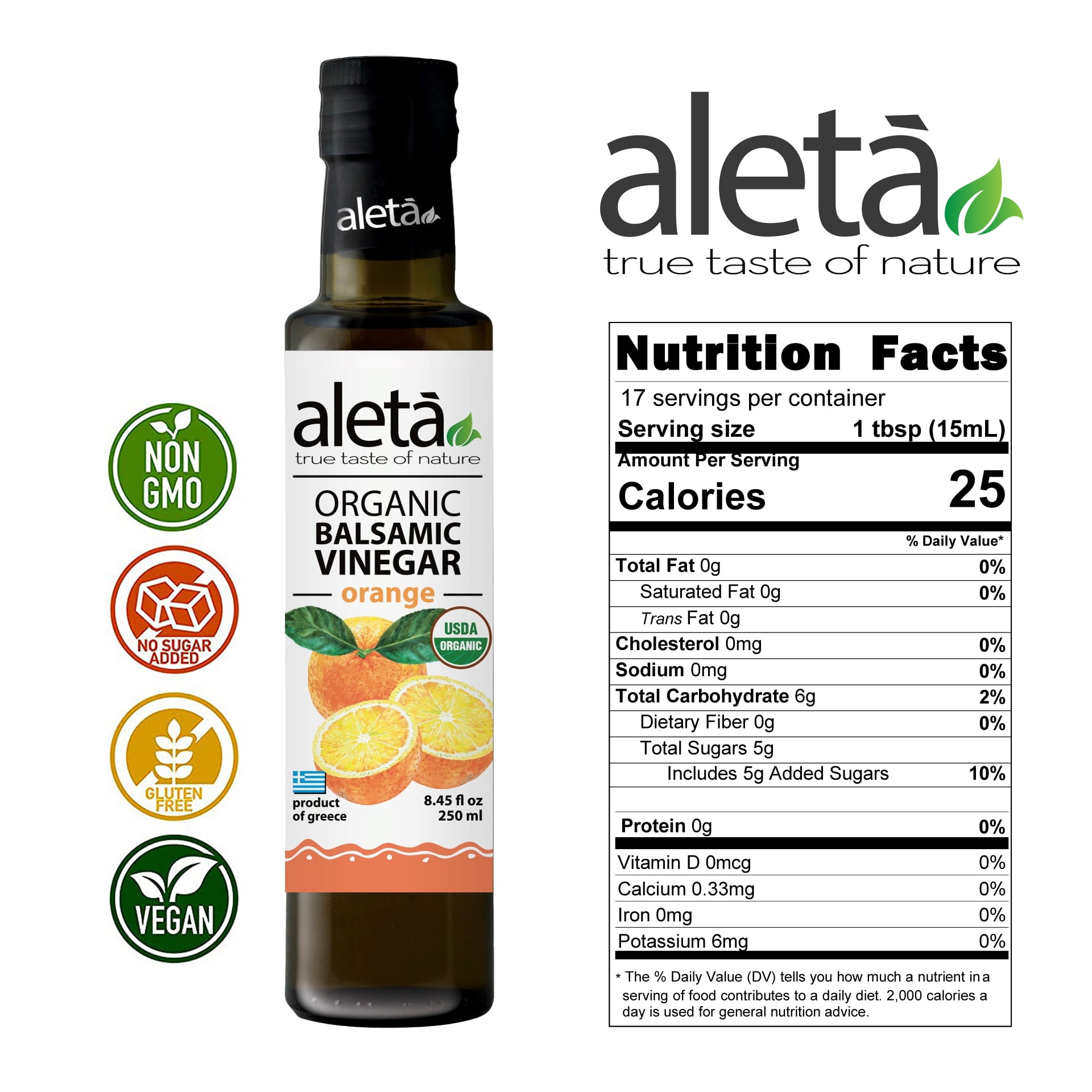 Aleta Organic Orange Infused Balsamic Vinegar, 8.45 Fl Oz
