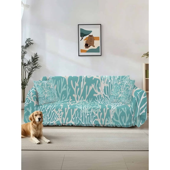 Teal Coral Coastal Couch Cover for Dogs, Ocean Nautical Seaside Beach Washable Sofa Covers Slipcover for Pets Dogs Futon Cover, Couch Recliner Covers, Oversized Chair Slipcover 71"x91"
