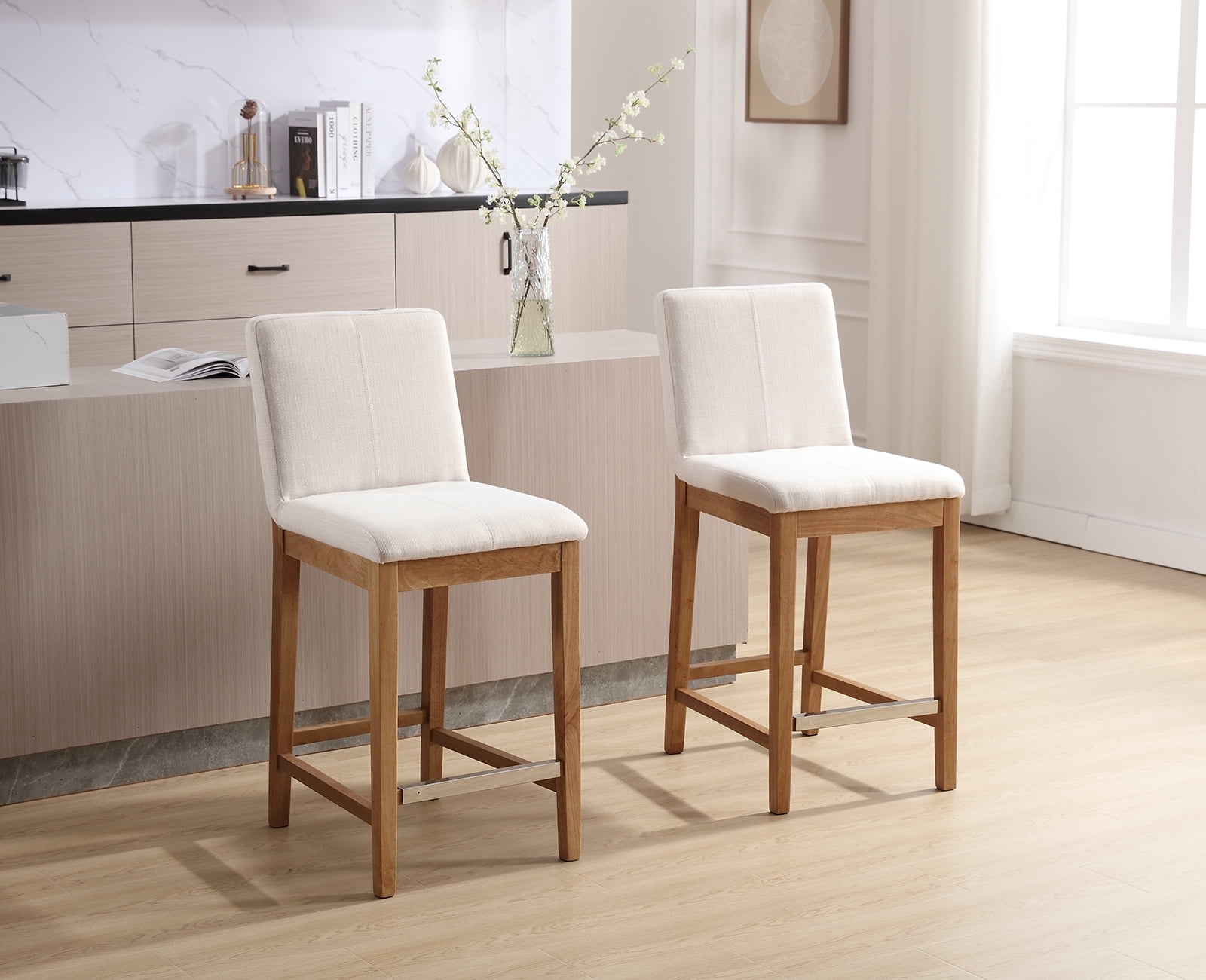 Guyou 26" Counter Height Bar Stools Set of 2, Modern Linen Upholstered Barstools, Rustic Farmhouse Wooden Kitchen Island Chairs with Backrest and Footrest for Dining Room Home Bar Patio Club, Beige