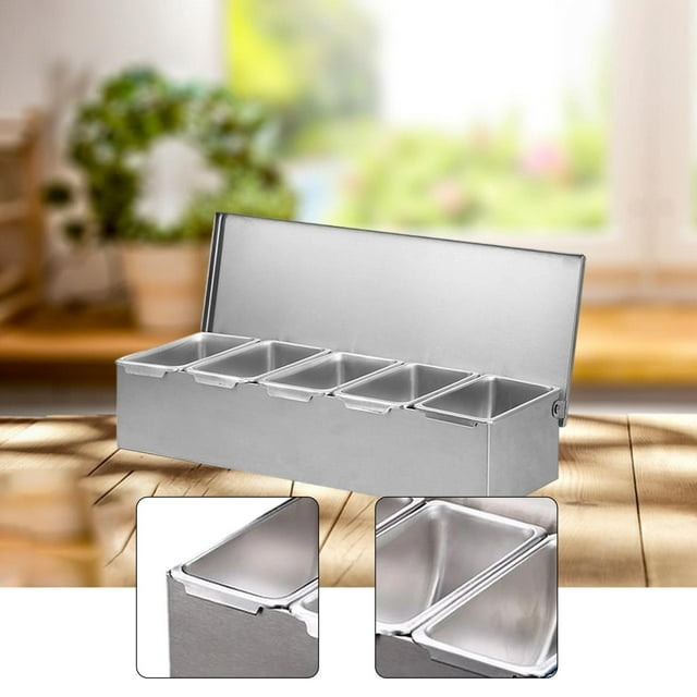 Condimentero de Acero Inoxidable con Compartimentos Extraíbles Bandeja para Especias y Condimentos Organizador de Cocina con Tapa Hermética Adecuado para el Hogar Restaurantes 5 cuadrículas