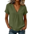 thumbnail image 2 of QUNYINEY Short Sleeve Tshirts Women Trendy Green Cotton Linen Casual Tops Summer Loose Fit Pullover V Neck Pleated Shirts, 2 of 8