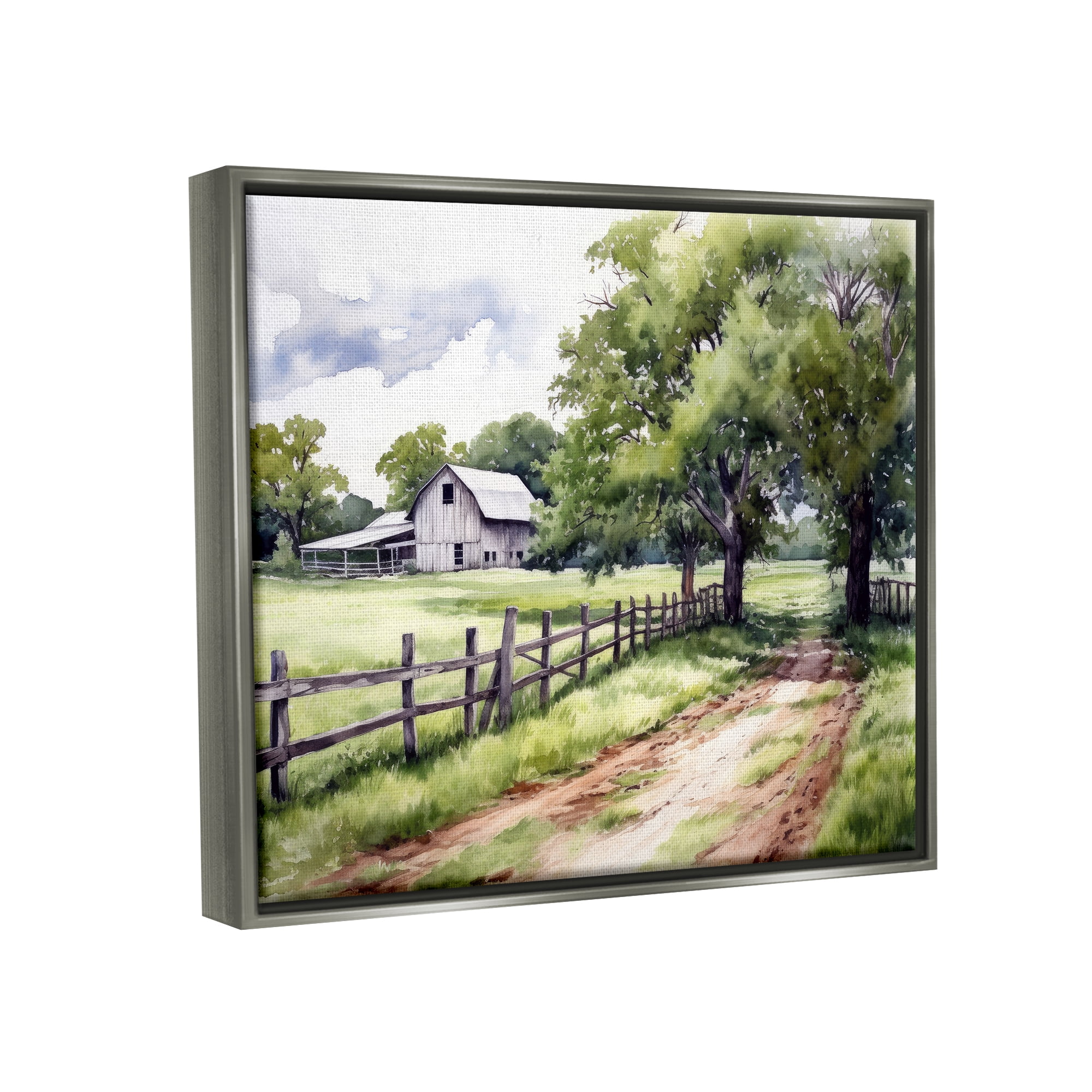 Stupell Industries Countryside Cottage Painting Landscape Painting Gray Floater Framed Canvas Art Print Wall Art, 21 x 17
