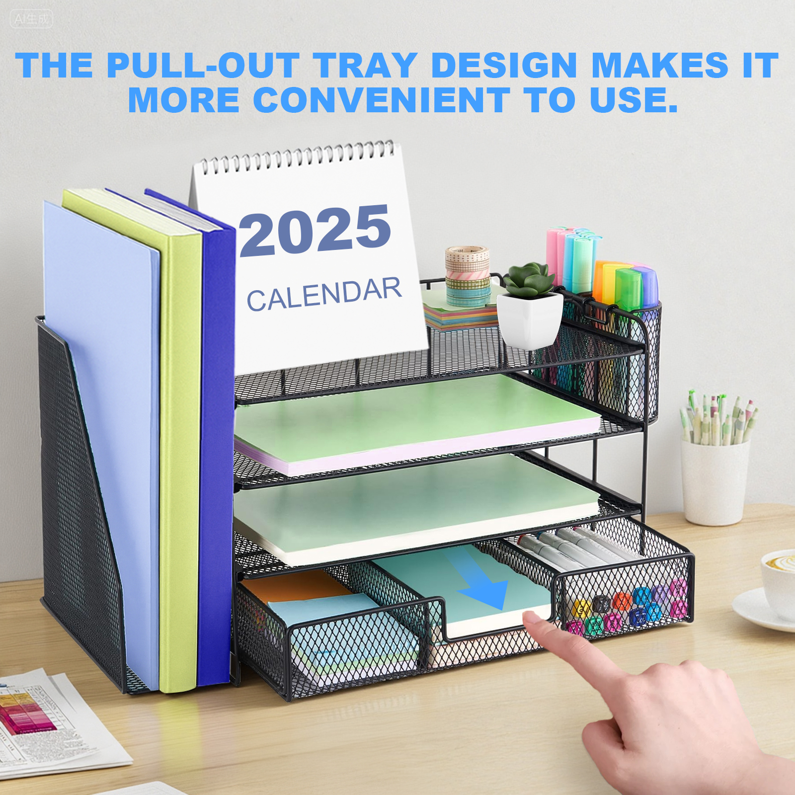 Torio Rust Resistant 4-Tier Metal Vertical Countertop Desk Organizer comes with (2) Pen Cups, (1) Drawer & (1) File Holder, Black