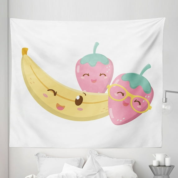 Kawaii Tapestry, Delicious Tasty Fruits Cartoon Look Funny Smiling on Plain Backdrop, Fabric Wall Hanging Decor for Bedroom Living Room Dorm, 5 Sizes, Pastel Yellow and Pale Pink, by Ambesonne