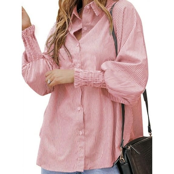 Women'S Striped Smocked Cuffed Boyfriend Blouse Ruffle Sleeve Casual Tunic Tops with Pockets Red S