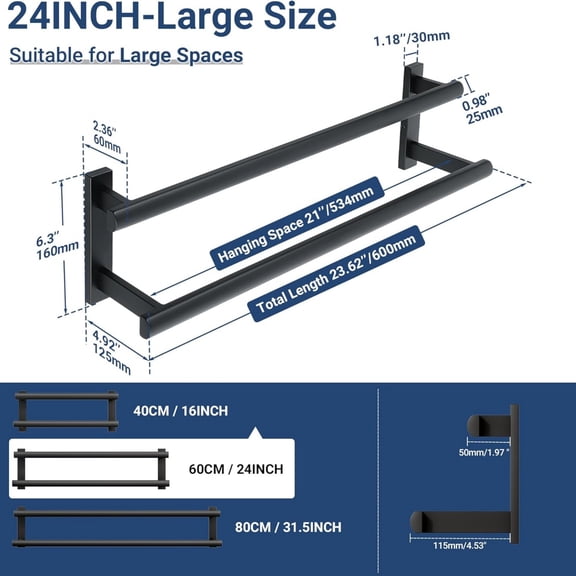 Double Towel Bar for Bathroom, 24 Inch Matte Black Bath Towel Rack Towel Holder Wall Mounted, Stainless Steel
