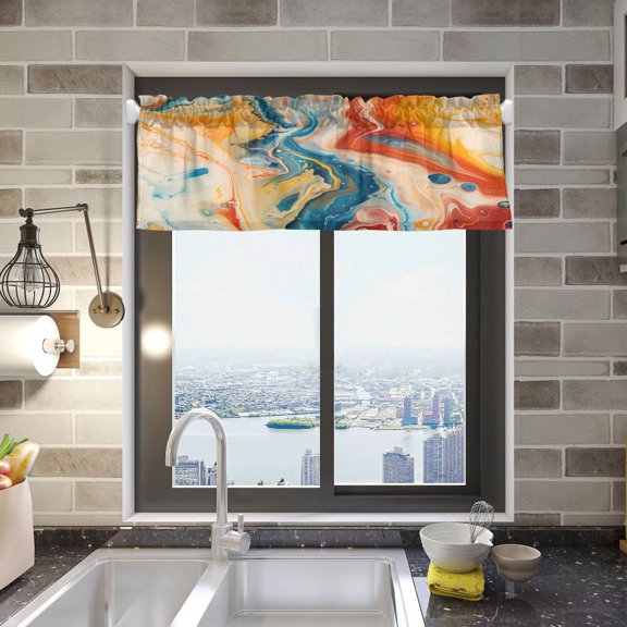 Red Blue Orange Marble Valance Curtains Rod Pocket for Kitchen Living Room Windows Farmhouse Decor 54x18