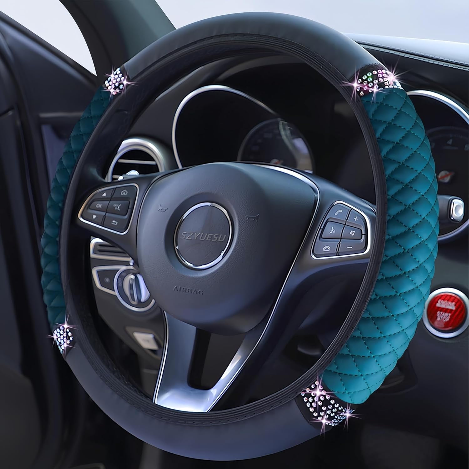Bling Soft Leather Steering Wheel Cover 15 Inch with Sparkly Diamond Rhinestones for Women and Girls – Elastic Car Accessory for Most Cars (Green)