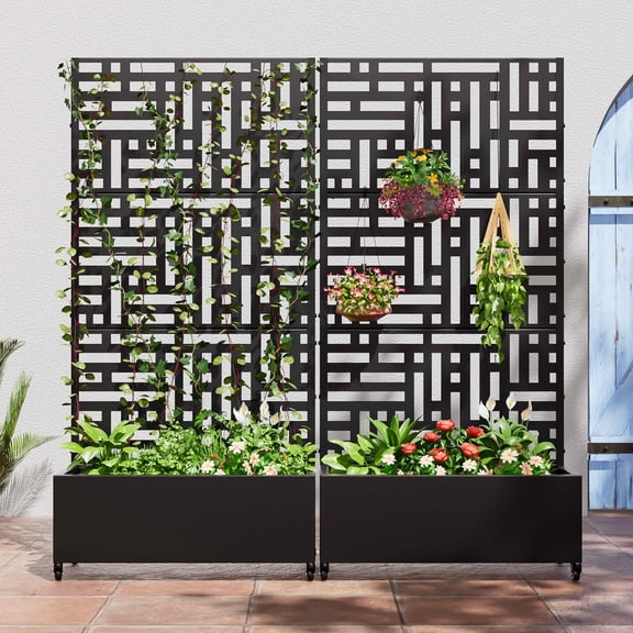 MAYEERTY Planter Box with Trellis Iron Black Rectangle 72x35x16in 3-Piece Set